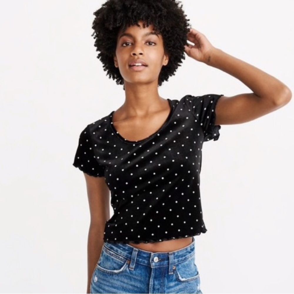 Abercrombie & Fitch Velvet Black and White Polka Dot Blouse Scalloped Trim Sz XS